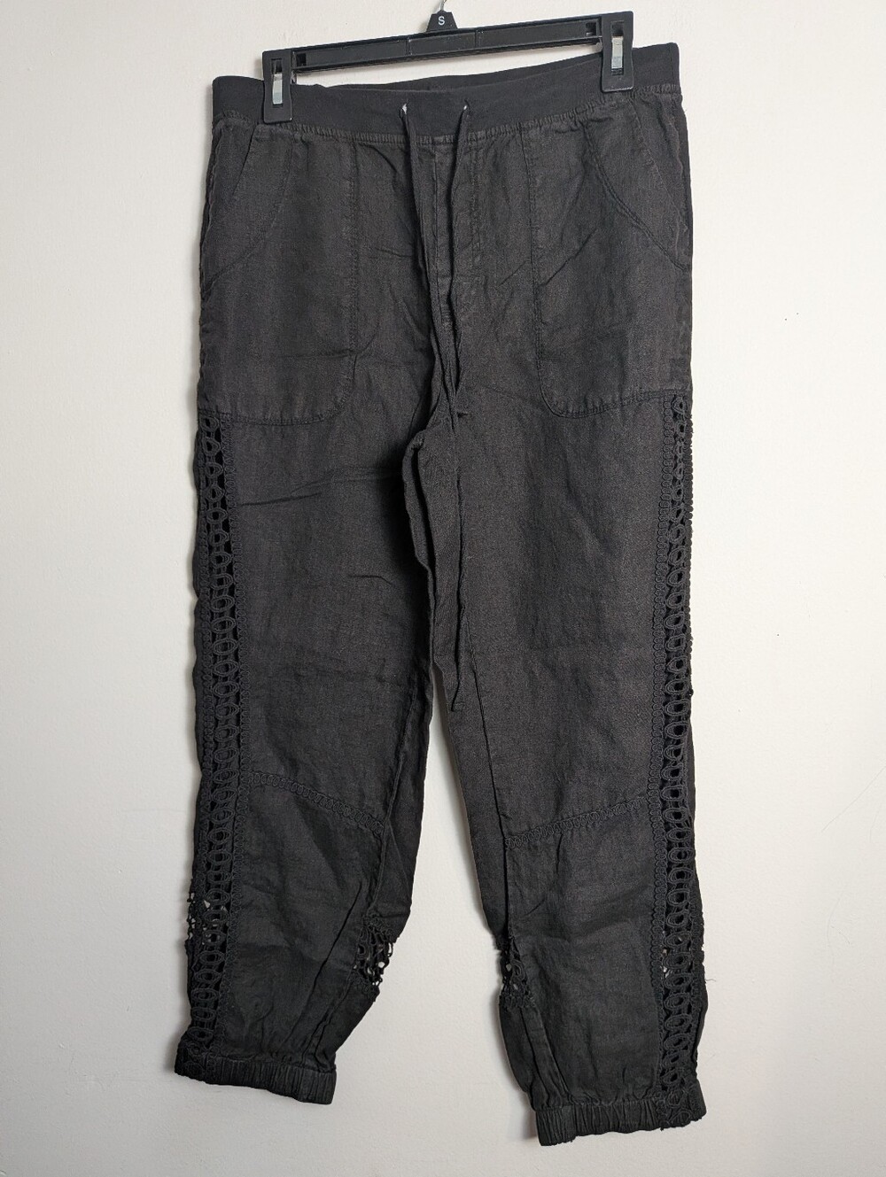 Xcvi Linen Pants Crochet Eyelet Black Drawstring Joggers Sz S